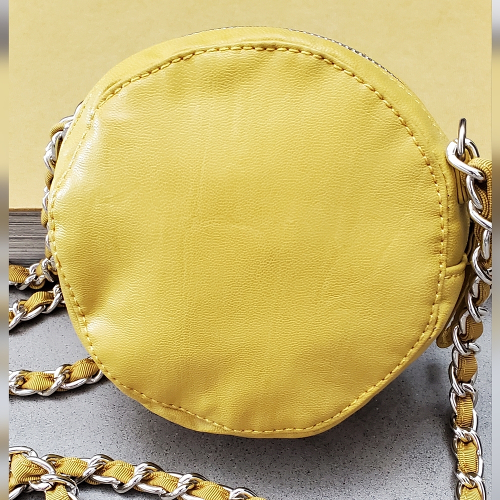 Chocolate New York Rosette Crossbody Mini Bag, Mustard, Silver Chain, EUC - Picture 5 of 16